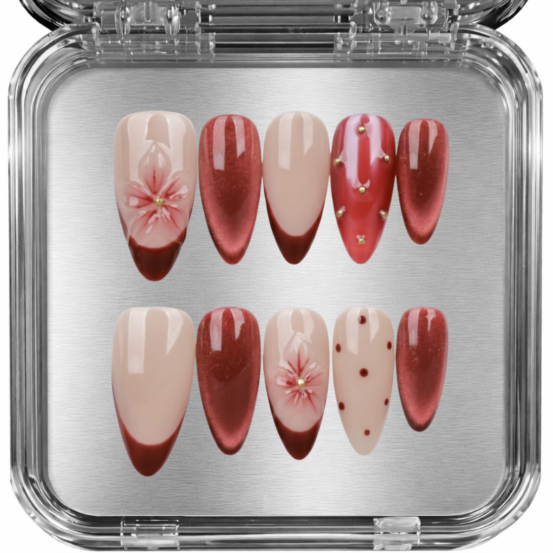 Set of red and beige nail art designs  - posy press-on kynnet