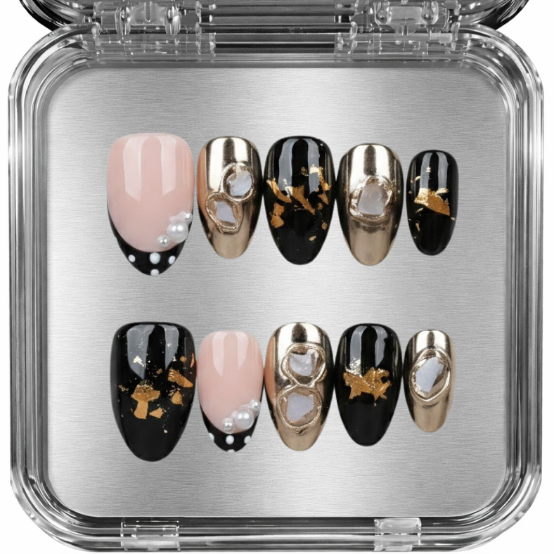 Set of nail art designs with pink, gold, and black colors - posy press-on kynnet
