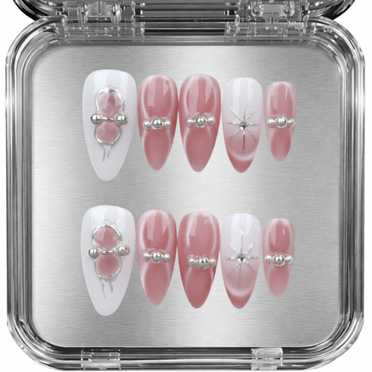 Set of pink and white nail designs -posy press-on kynnet