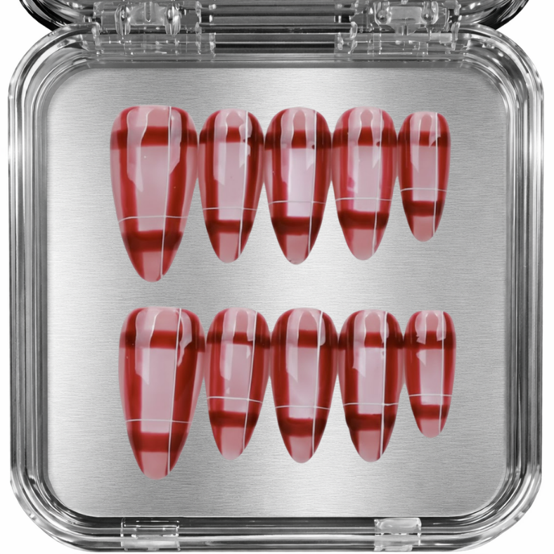 Red and white striped false nails - posy press-on kynnet