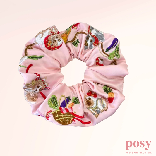The Harvest Bunny Embroidered Satin Scrunchie